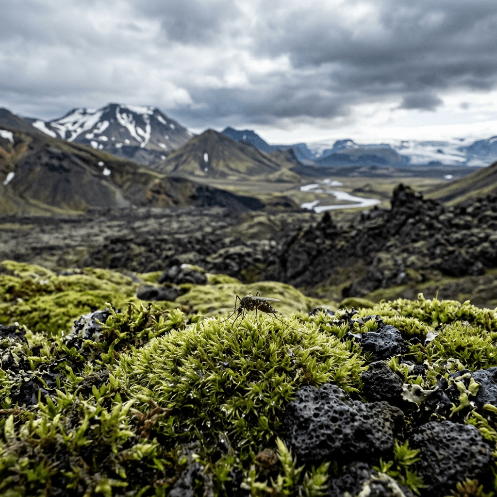 Mosquito standing on green moss among volcanic rocks with mountains and cloudy sky behind