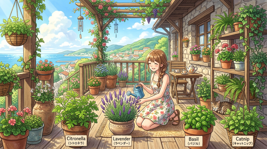 Young woman watering lavender plant on a sunny terrace with citronella, basil, catnip and other potted herbs